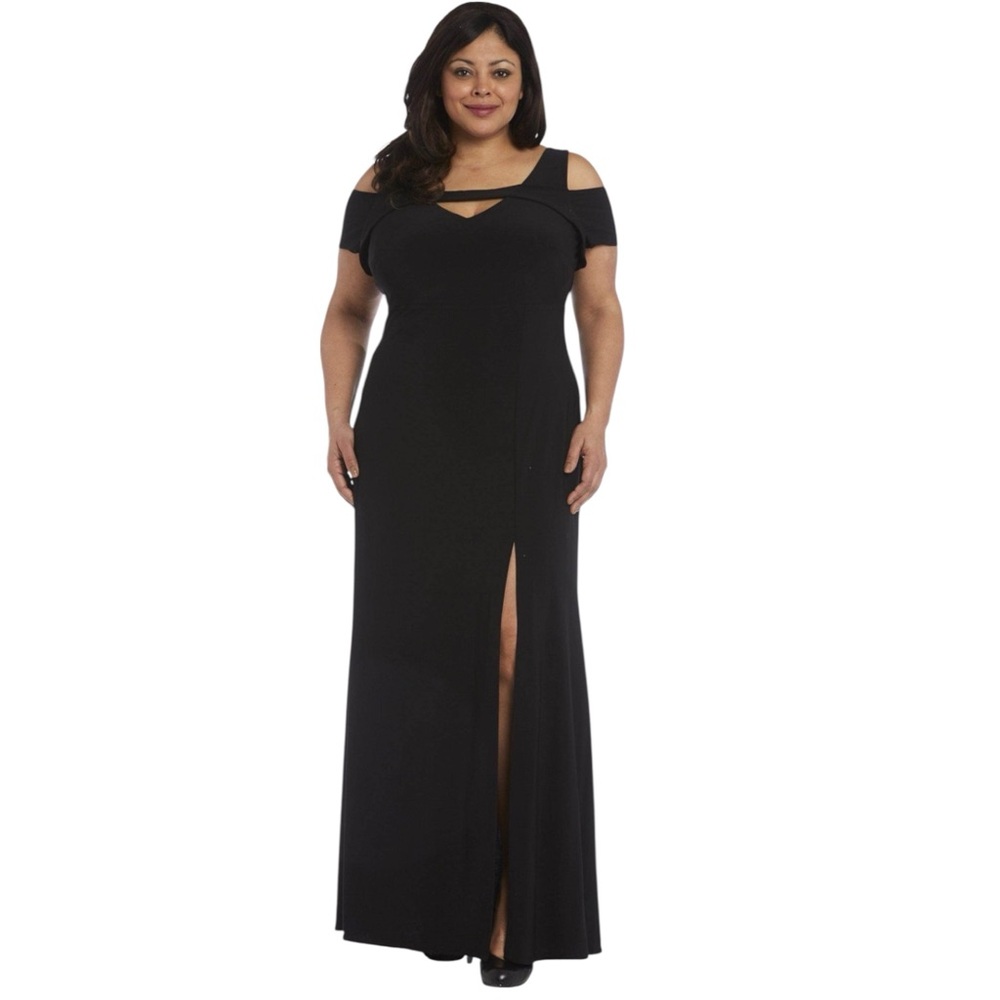 Nightway Cold-Shoulder Keyhole Maxi Gown, A-Line, Side Slit, Black, Size 18‎